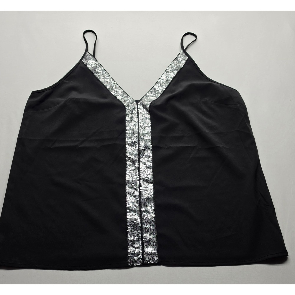 SHEIN Black Sequin V-Neck Camisole Tank Top Adjustable Straps Womens XL US 12